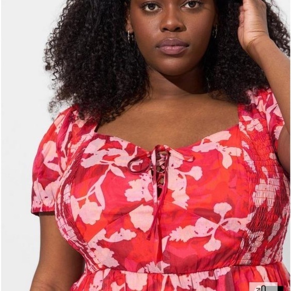 TORRID red floral Midi Cotton Clip Dot Lace Up Smocked Dress - Picture 3 of 7